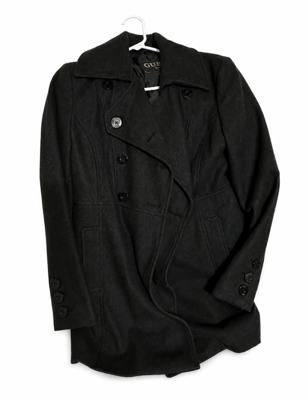 GUESS Black Double-Breasted Wool Pea Coat